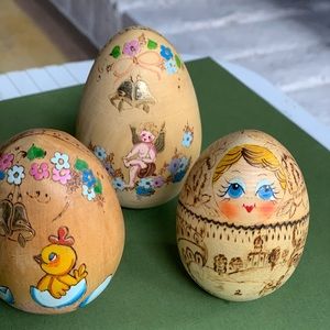 3 Vintage Russian Wooden Easter Eggs